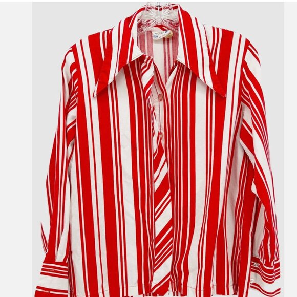 Vtg PERMANENT PRESS 80's Retro Red White Stripe BD LSV Dagger Collar Blouse 34 - Picture 7 of 7